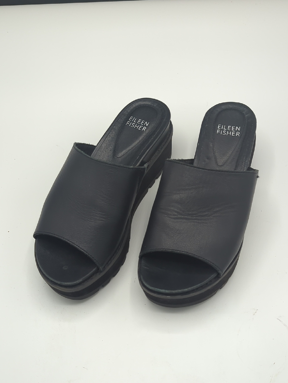 Eileen Fisher Black Leather Open-Toe Platform Slides